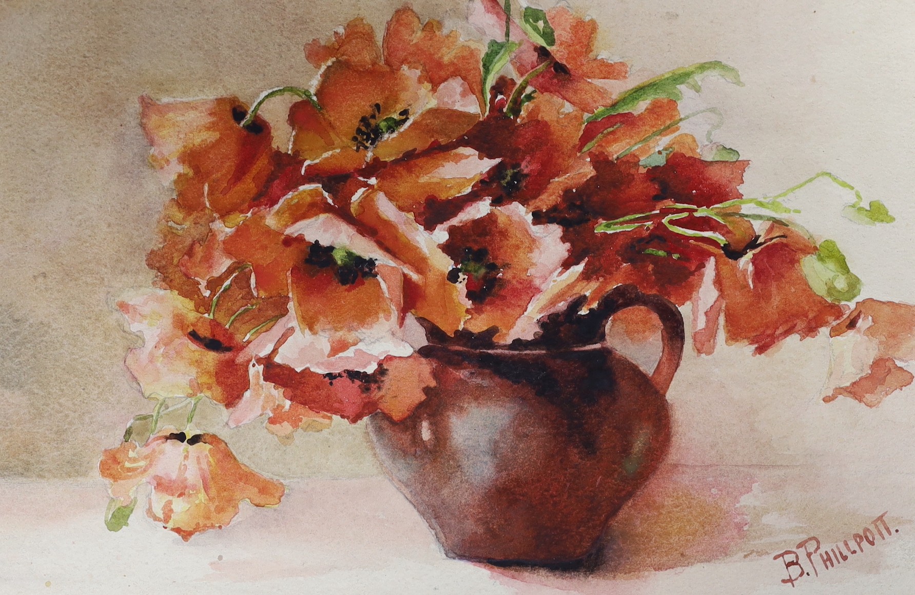 Bramwell Smith, watercolour, Still life of wall flowers in a glass vase, signed and dated 1911, 34 x 25cm and an unframed still life by B. Phillpott, 17 x 26cm